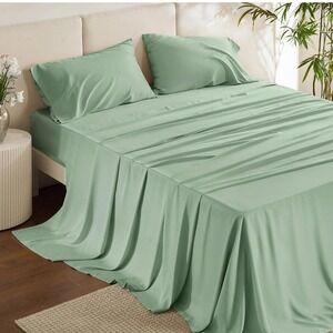 Bedsure Queen Sheet Set 100% Rayon From Bamboo Sage Green Cooling Silky‎ Soft
